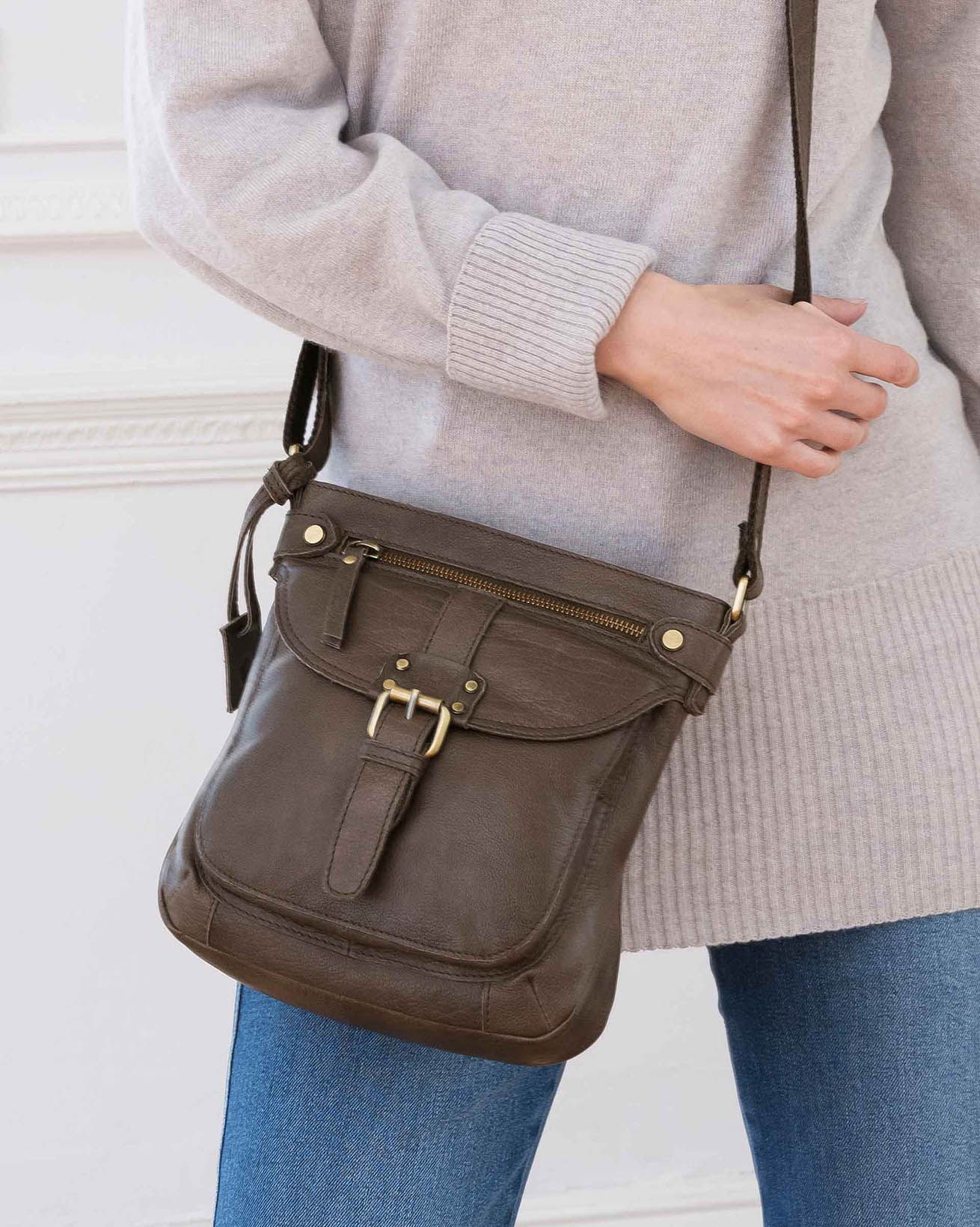 Brown Top Handle Leather Satchel Bag Crossbody Purse With Magnetic Button