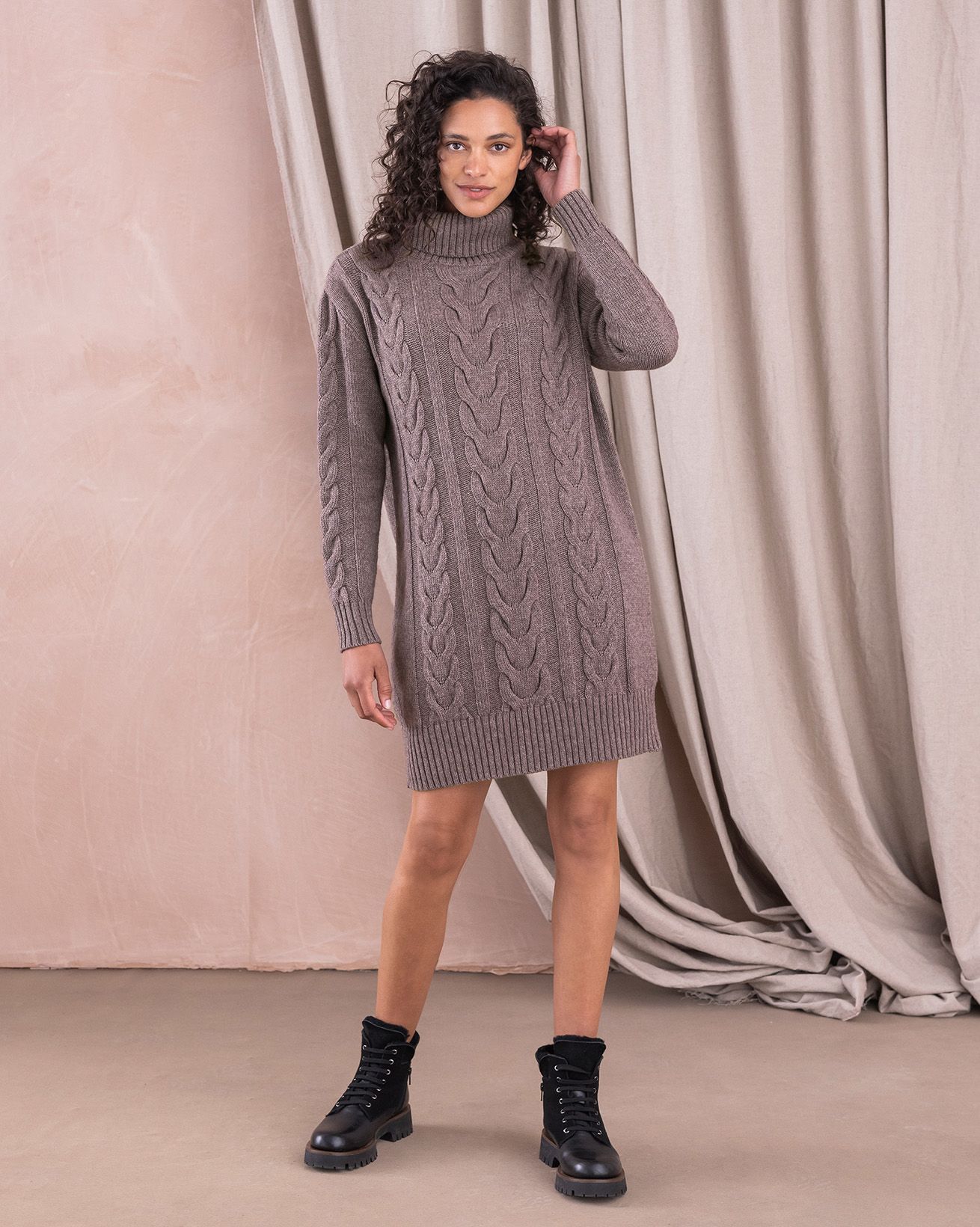 Lambswool/Organic Cotton Cable Roll Neck Dress