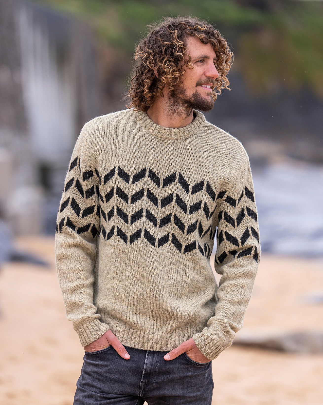 Mens Hand-knit Chevron Stitch Sweater