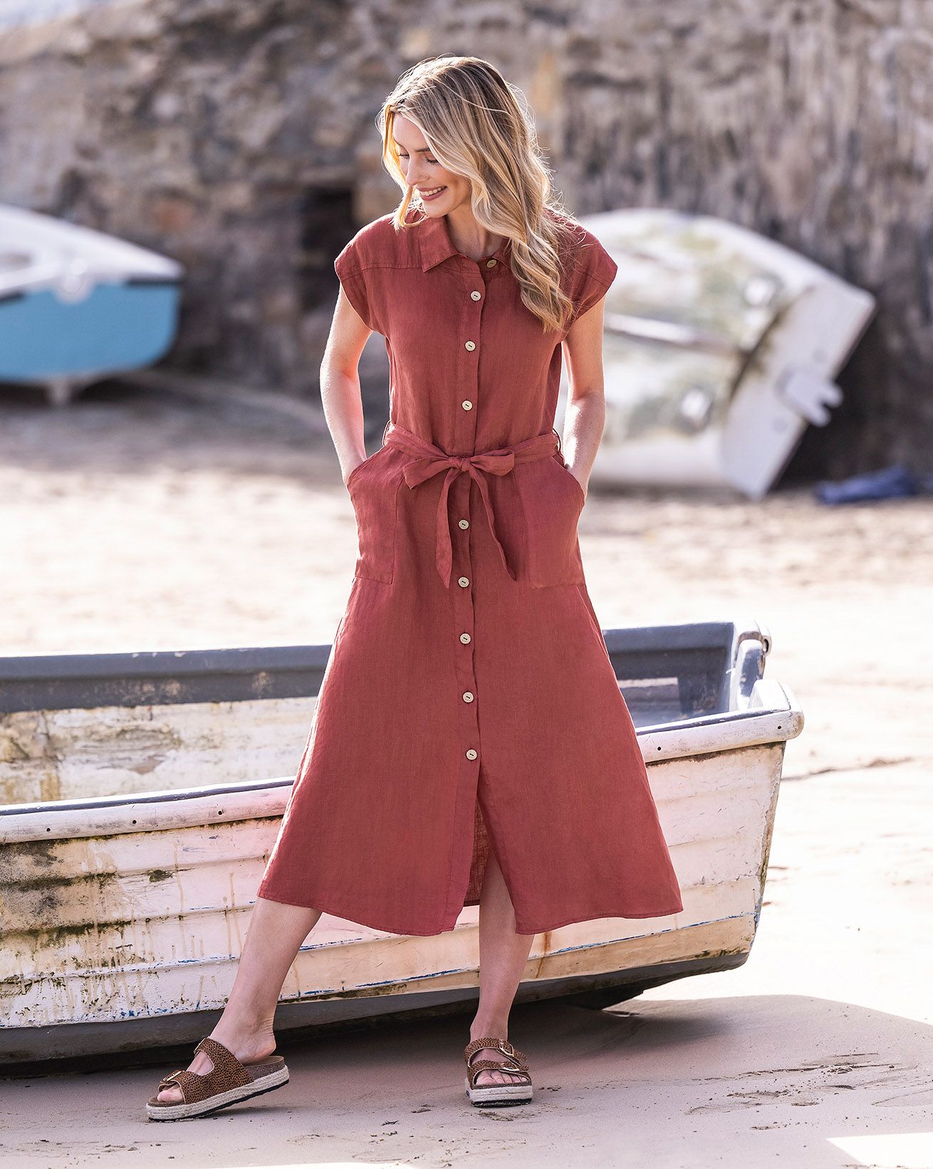 Kupretty Womens Vintage Cotton Linen A-line Dress Summer Casual Button Down  V-neck Midi Dress Plus Size 