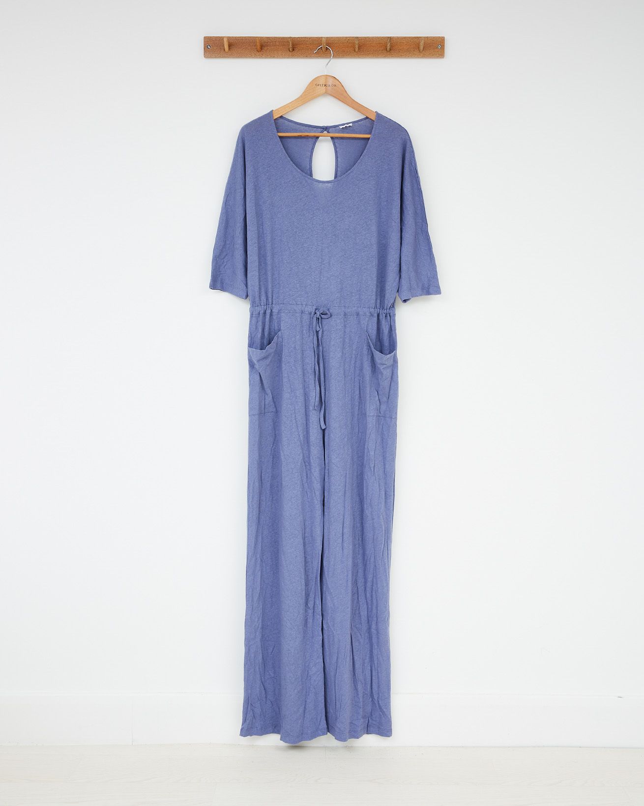 Linen Cotton Batwing Drawstring Jumpsuit / Cornflower Blue / 10 Tall