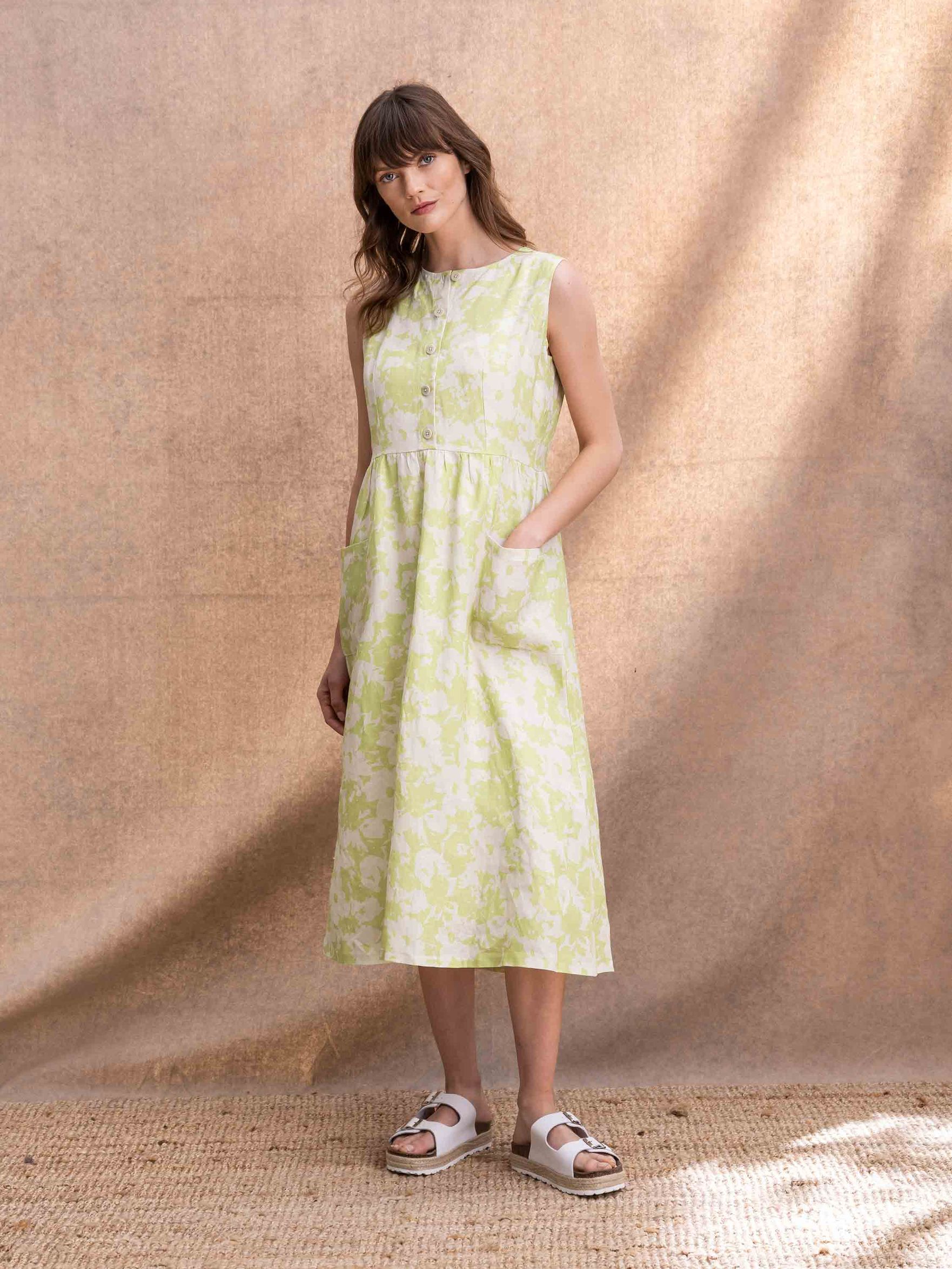 Printed Linen Sleeveless Midi Dress