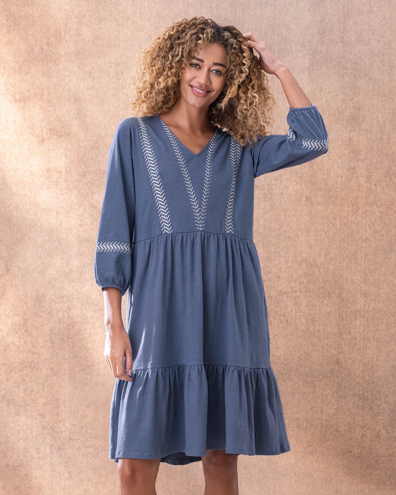 Organic Cotton Embroidered V Neck Jersey Dress
