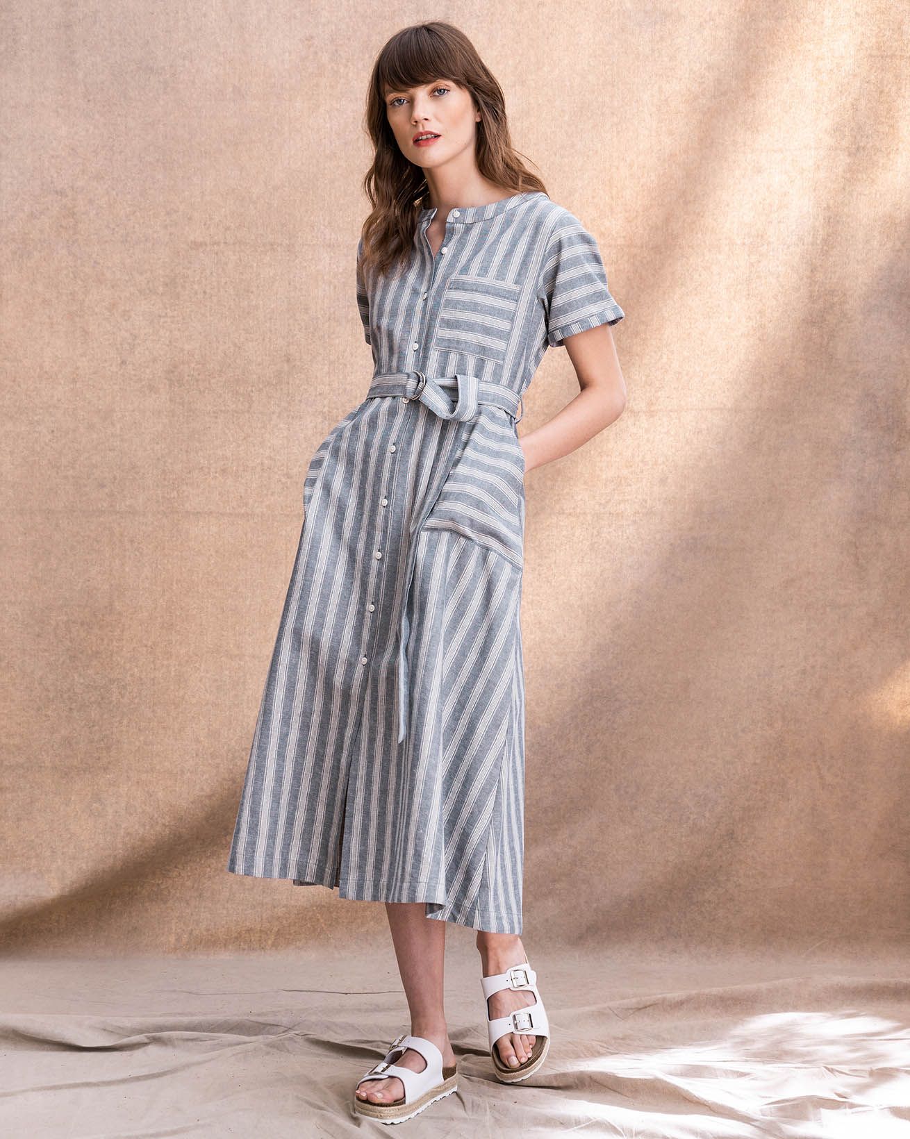 RESALE: Cotton/Linen Button Through Dress / Vintage Blue Stripe / 16
