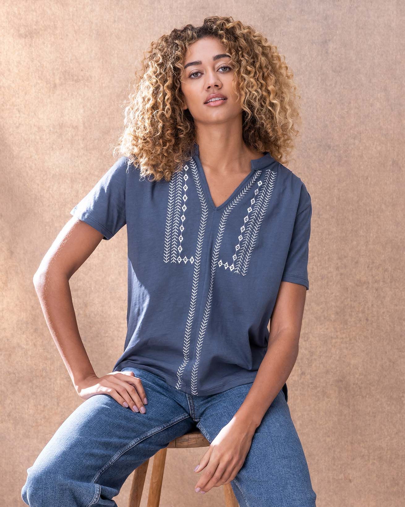 Embroidered Notch Neck Jersey Top