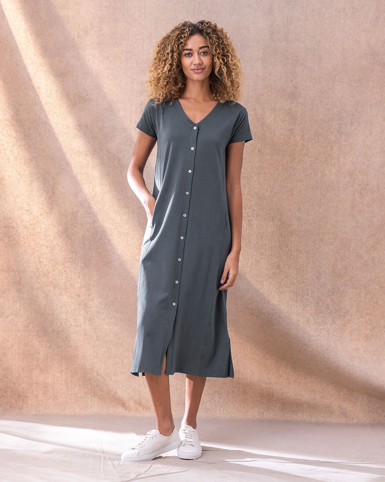 Organic Cotton Button Through Jersey Midi Dress