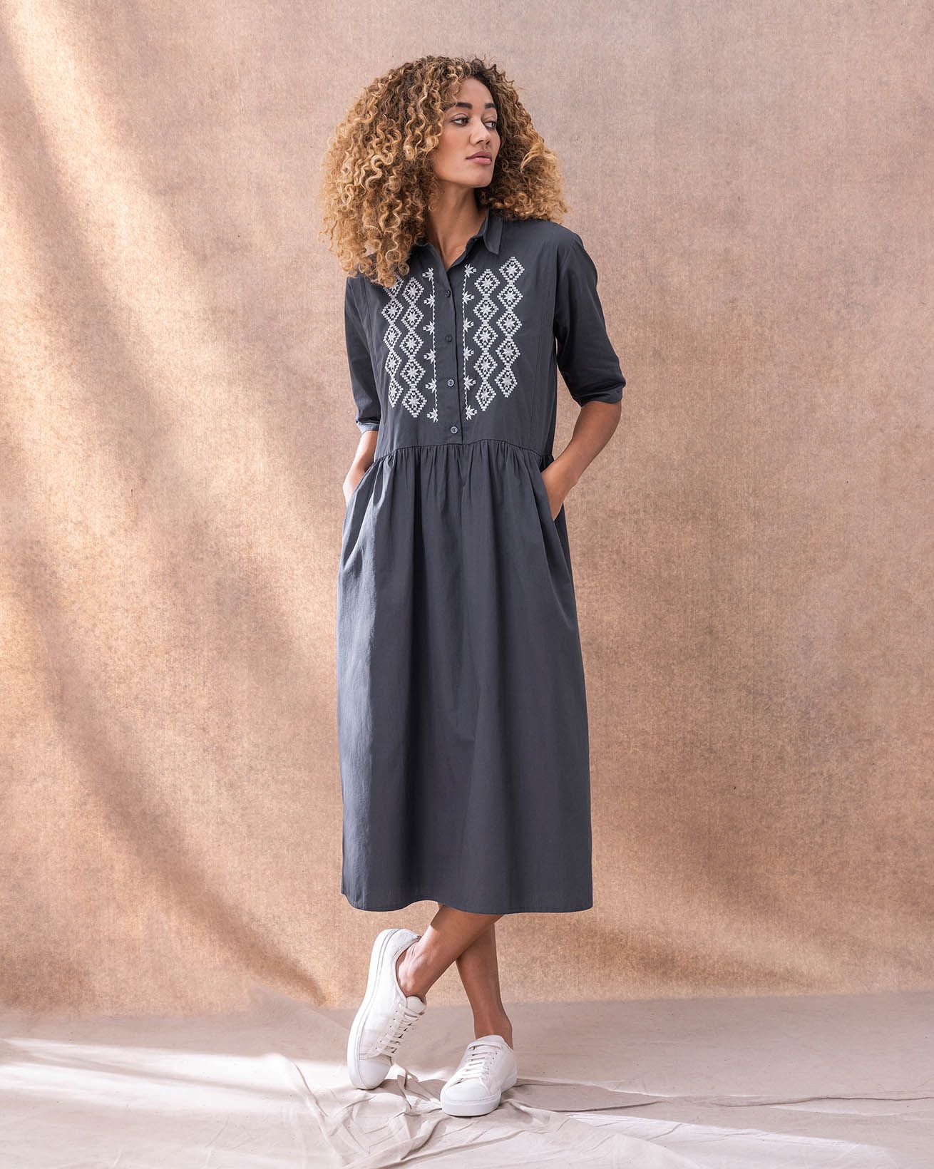 Organic Cotton Embroidery Detail Midi Dress