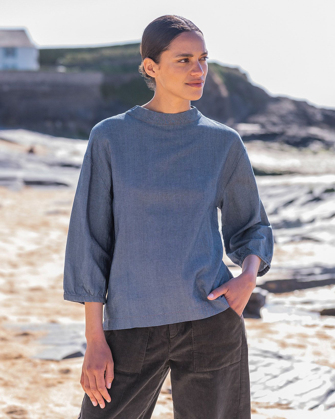 Twill Funnel Neck Top