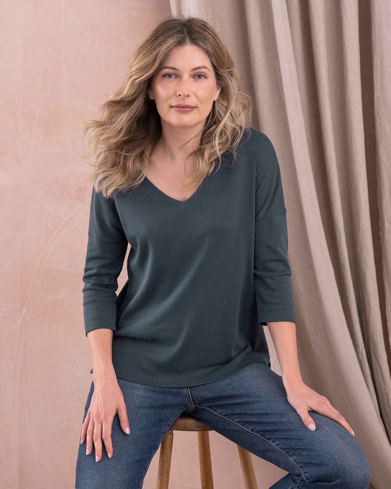 Organic Cotton/ Recycled Lyocell V Neck Jersey Top