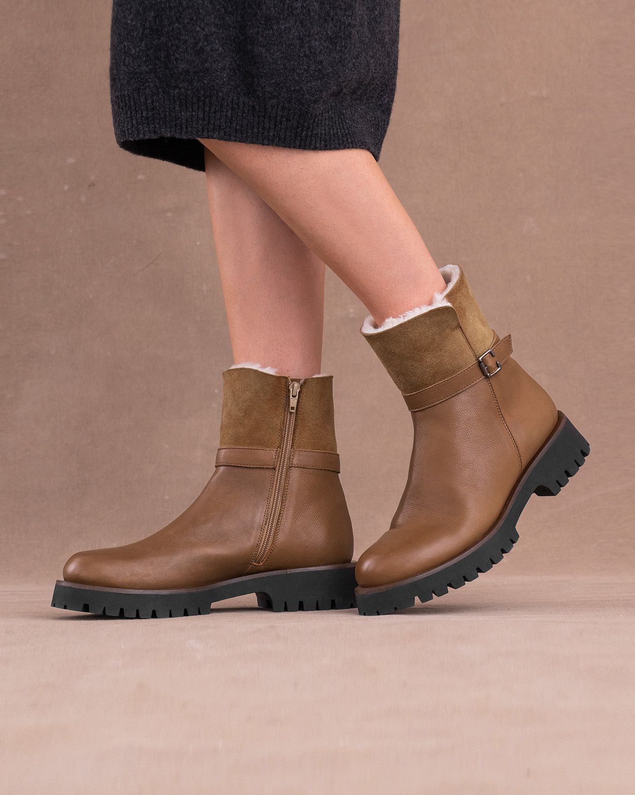 Shearling Trim Buckle Boots