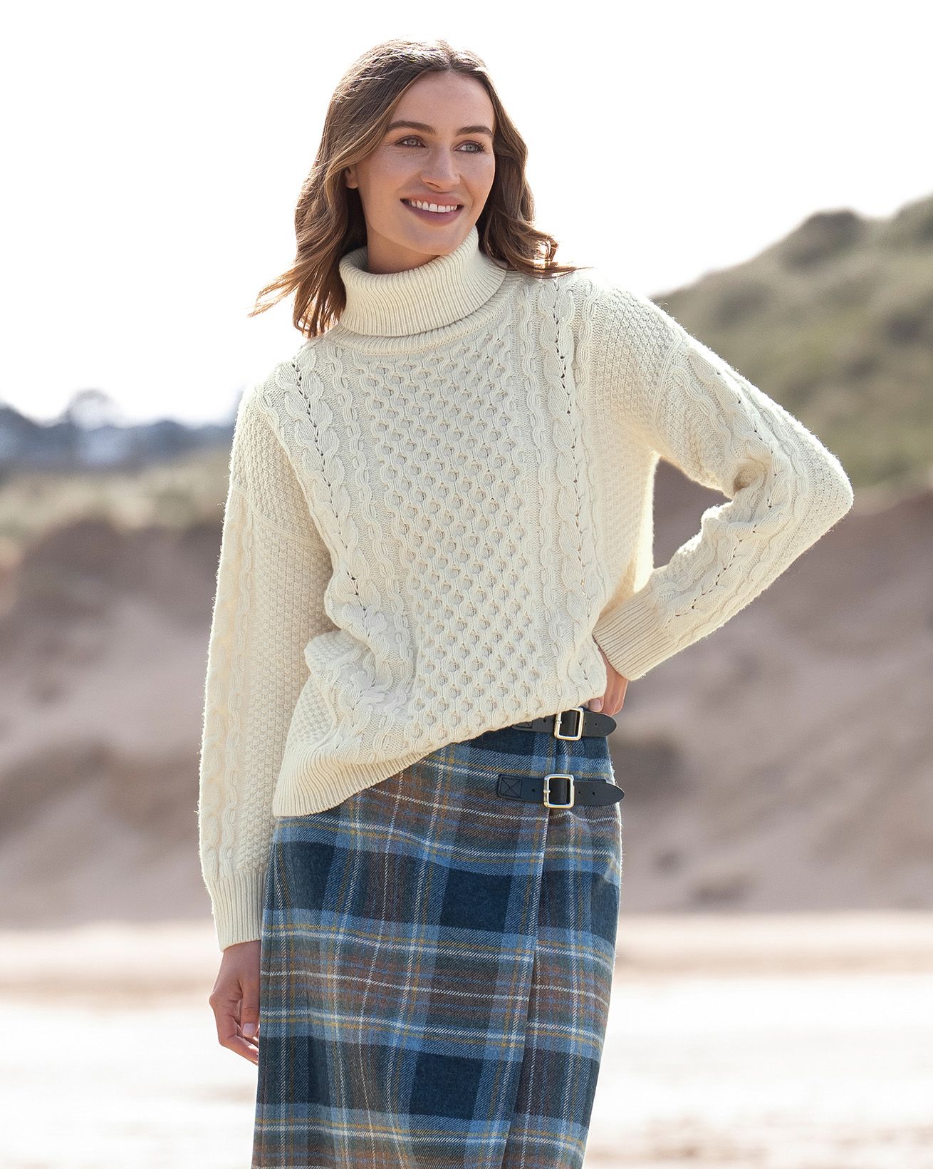Lambswool Organic Cotton Cable Roll Neck Jumper