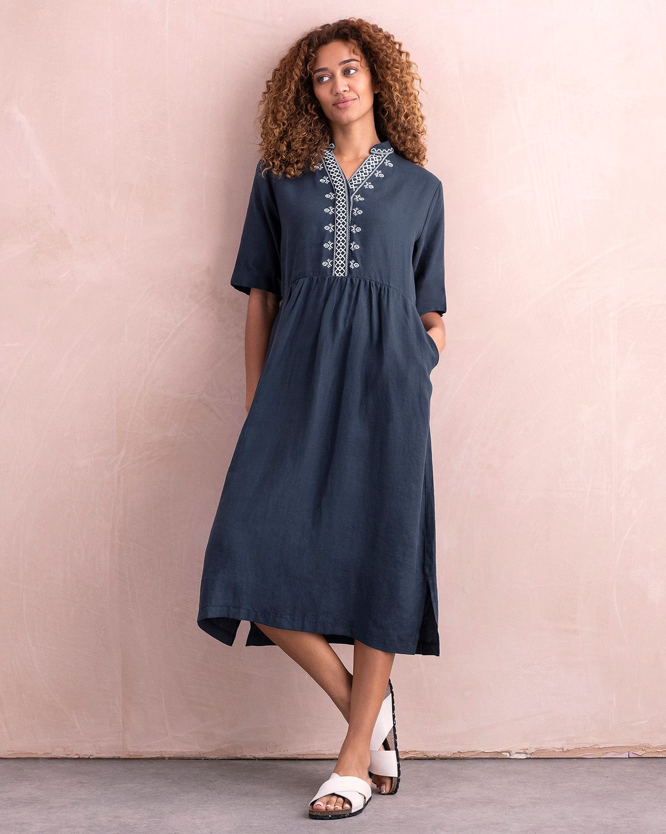 Linen Embroidered Short Sleeve Midi Dress