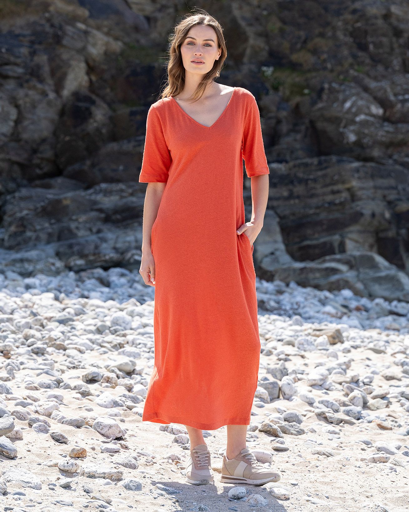 Linen / Organic Cotton V Neck Midi Dress