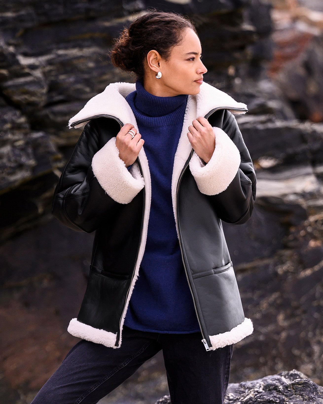 Slouchy Funnel Neck Shearling Jacket