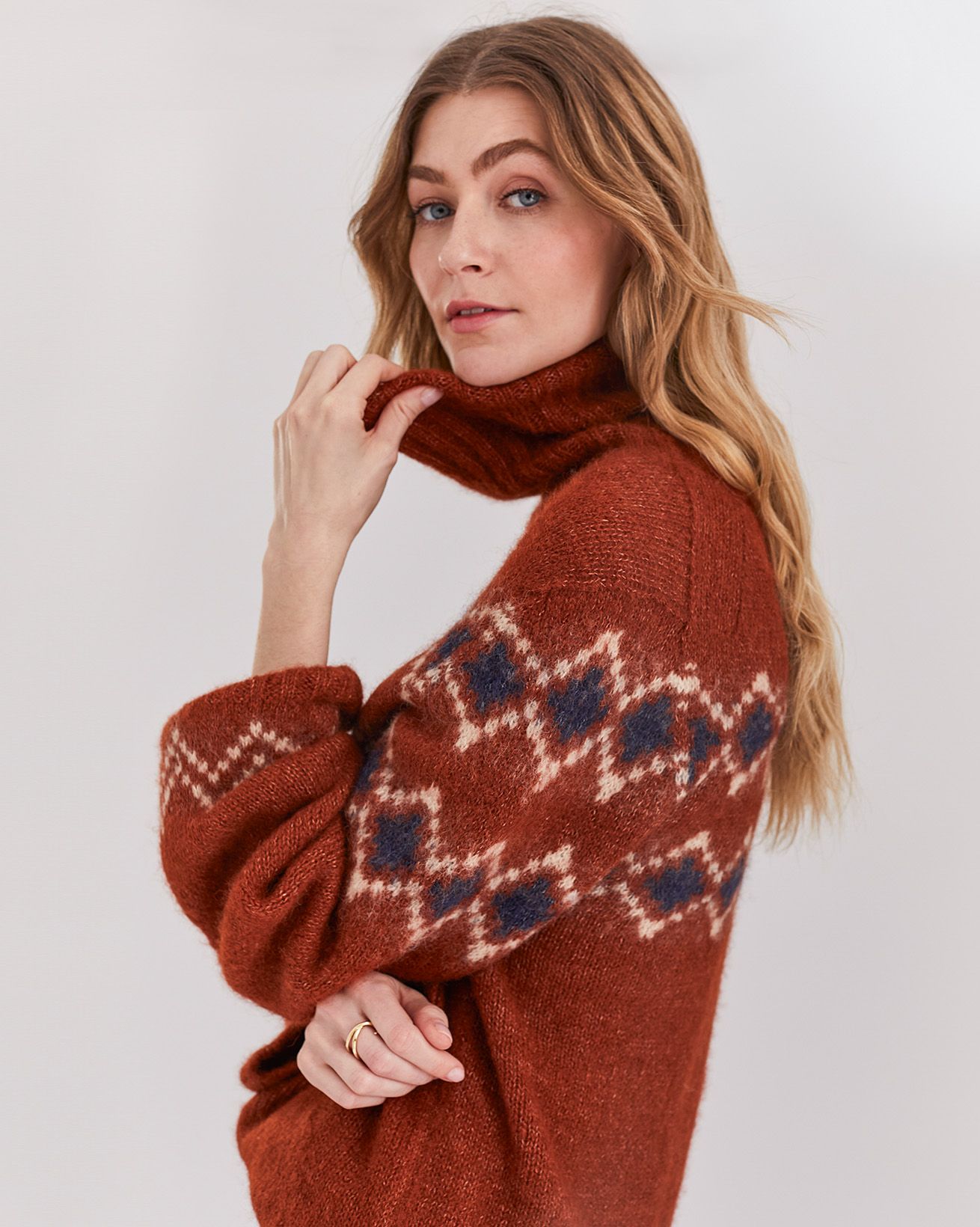 Alpaca Blend Slouch Roll Neck Fair Isle Jumper