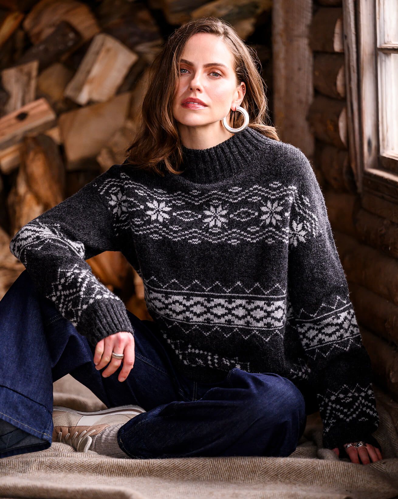 Fair-Isle-Streifen Funnel-Neck-Pullover