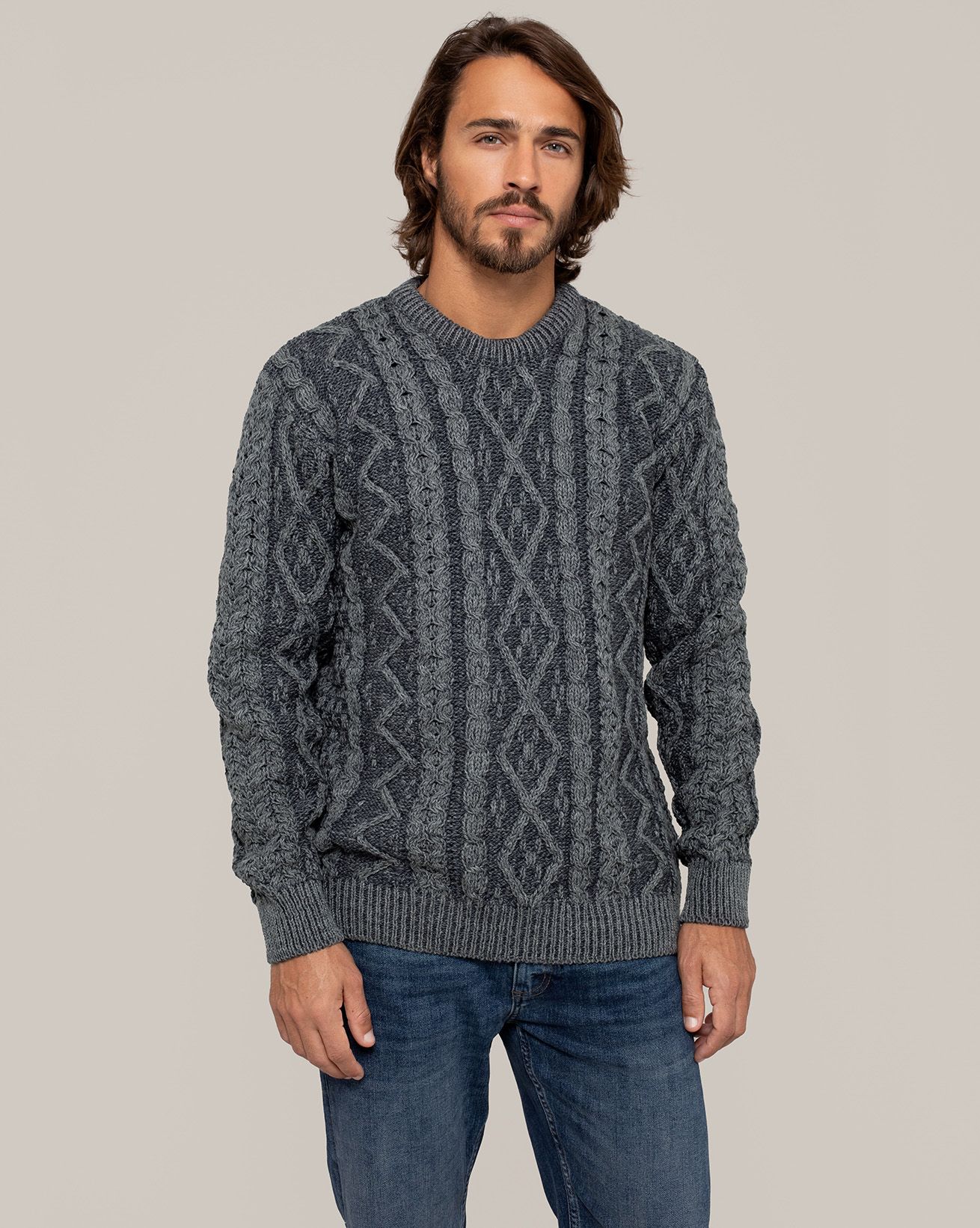 Pull Homme Col Rond En Maille Torsadée Et Laine Tressée