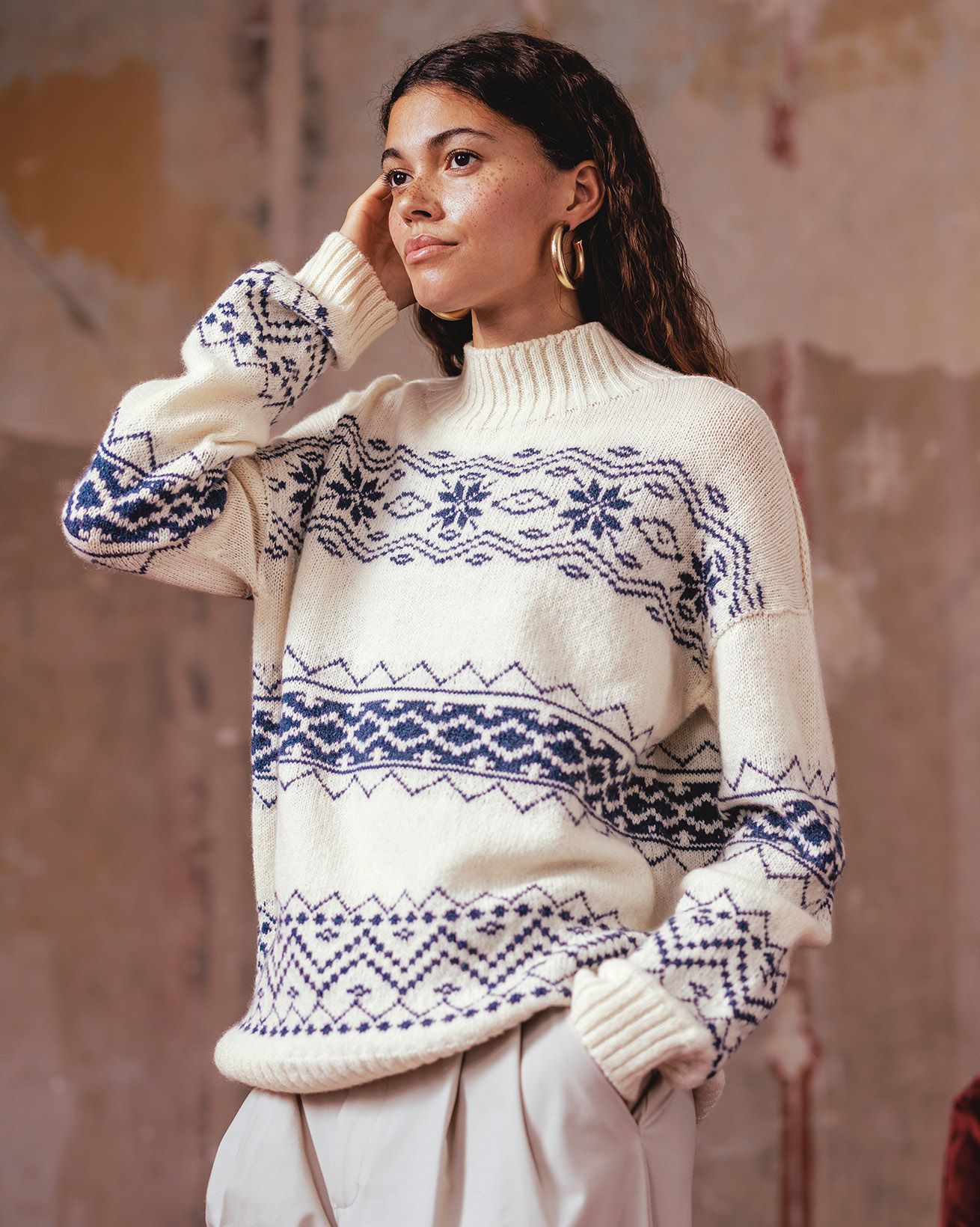 Fair Isle Stripe Funnel Neck Sweater