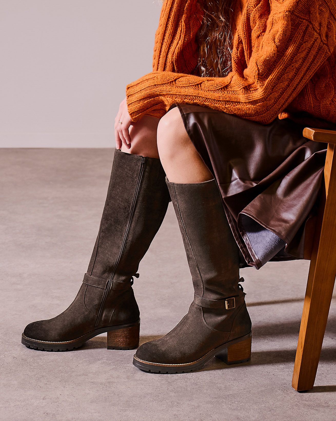 Knee High Strap Detail Block Heel Boots