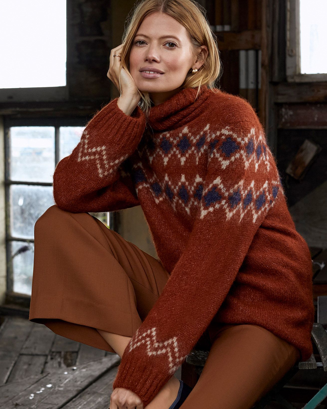 Alpaca Blend Slouch Roll Neck Fair Isle Sweater