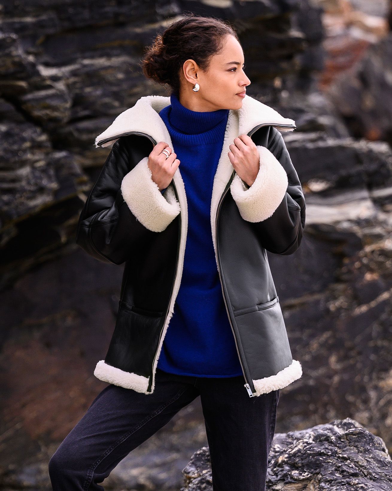 Slouchy Funnel Neck Sheepskin Jacket