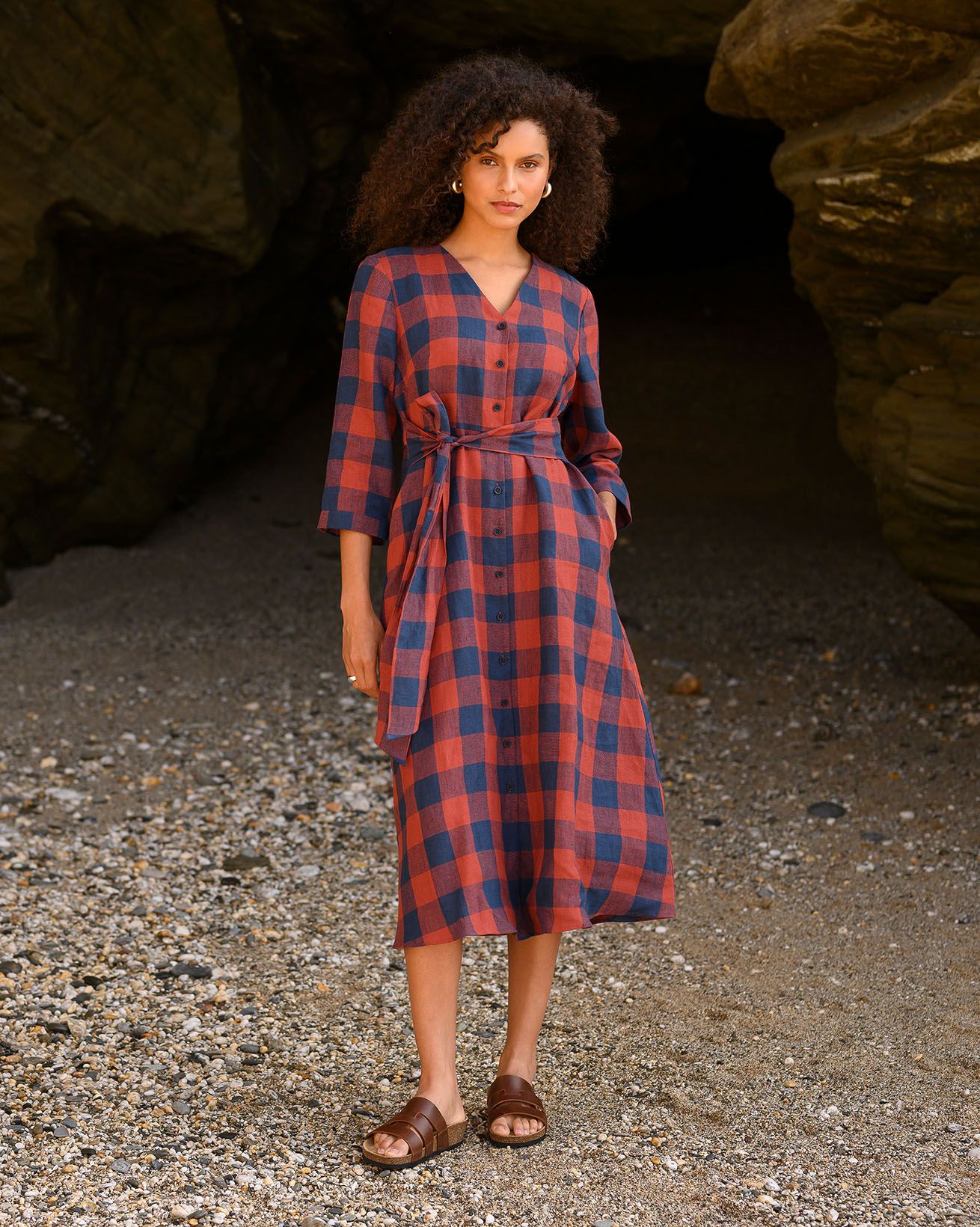 Check Tie Front Midi Shirt Dress