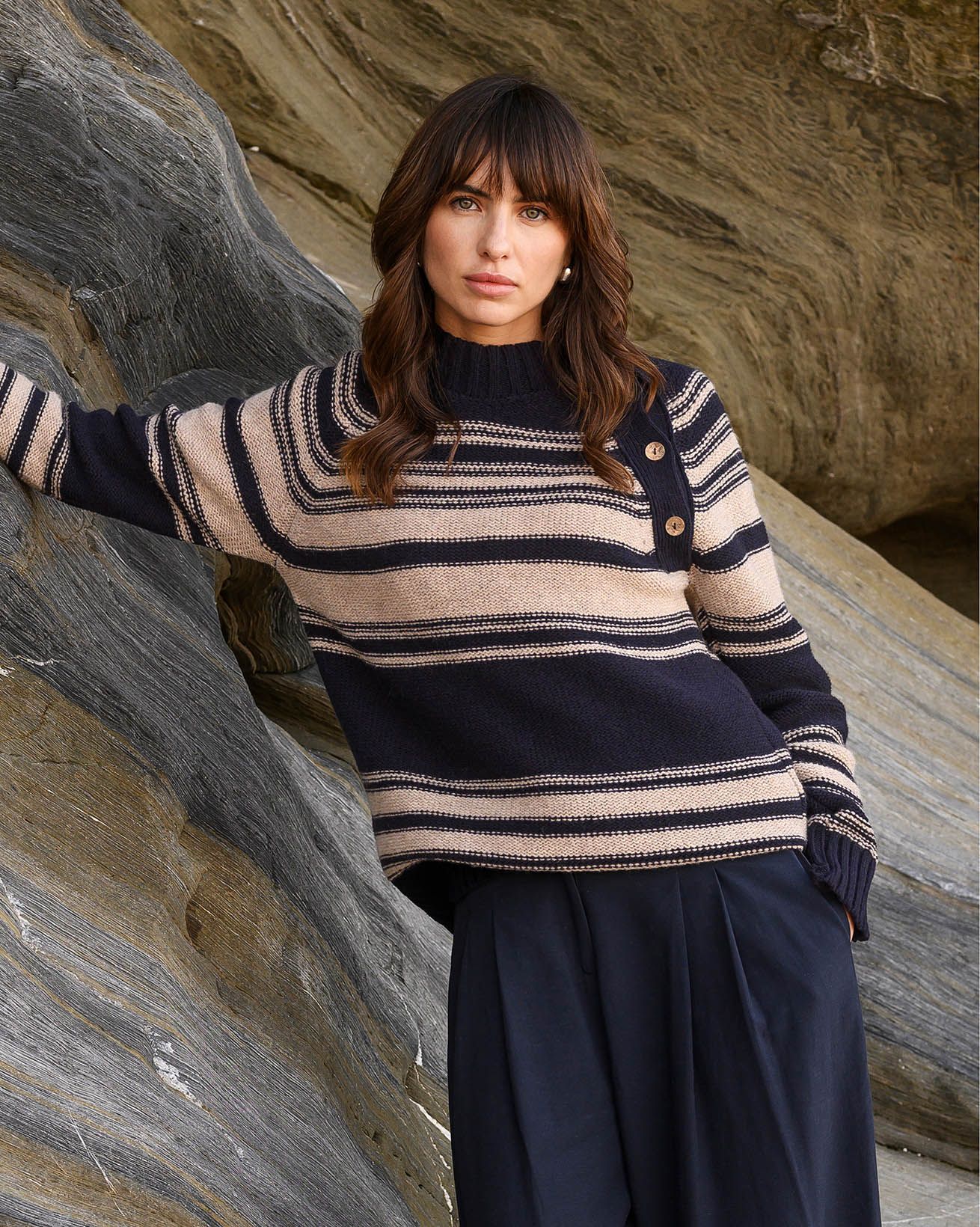 Purl Stitch Stripe Button Neck Jumper