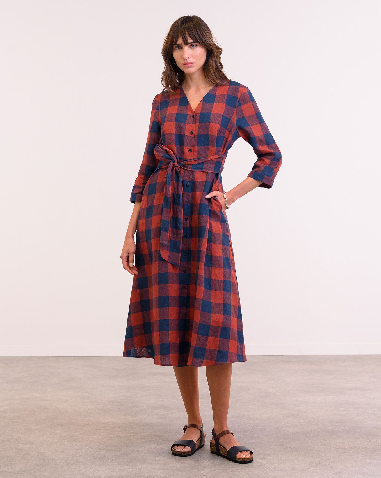 Check Tie Front Midi Shirt Dress