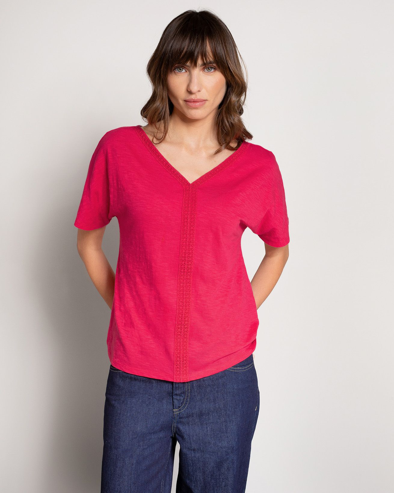 Slub Jersey V Neck Trim Top