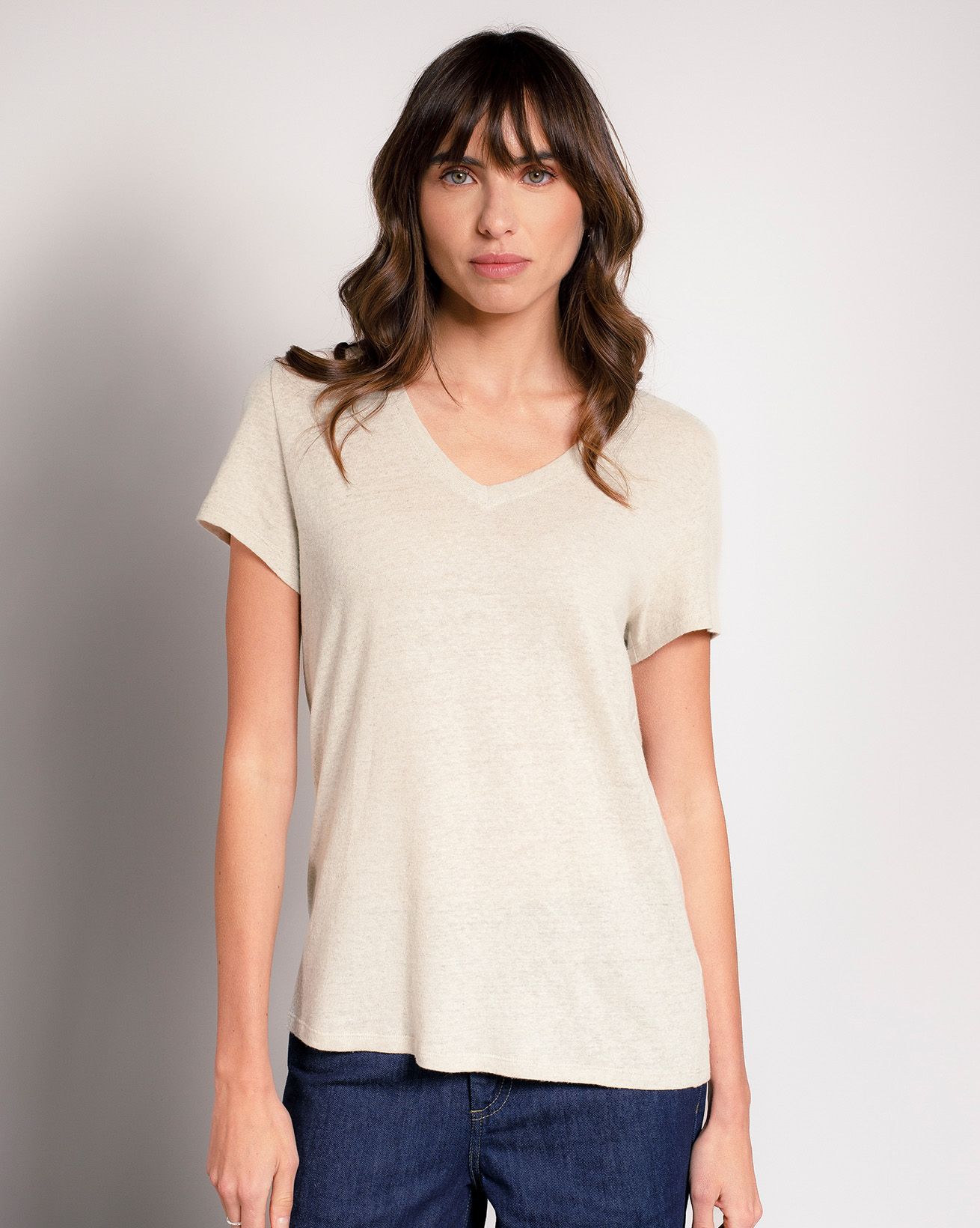 Linen Blend V Neck T Shirt