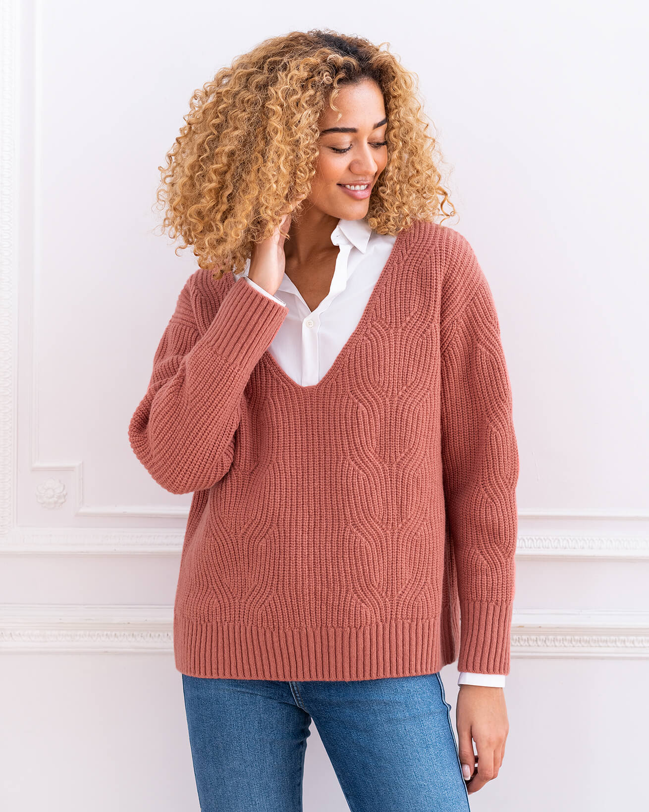 Ribbed Cable V Neck Sweater