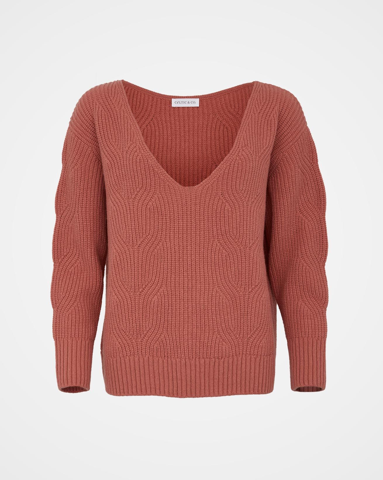 Ribbed Cable V Neck Sweater / Antique Rose / M