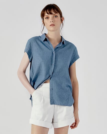 7948 Linen Cotton Cap Sleeve Shirt Vintage Blue