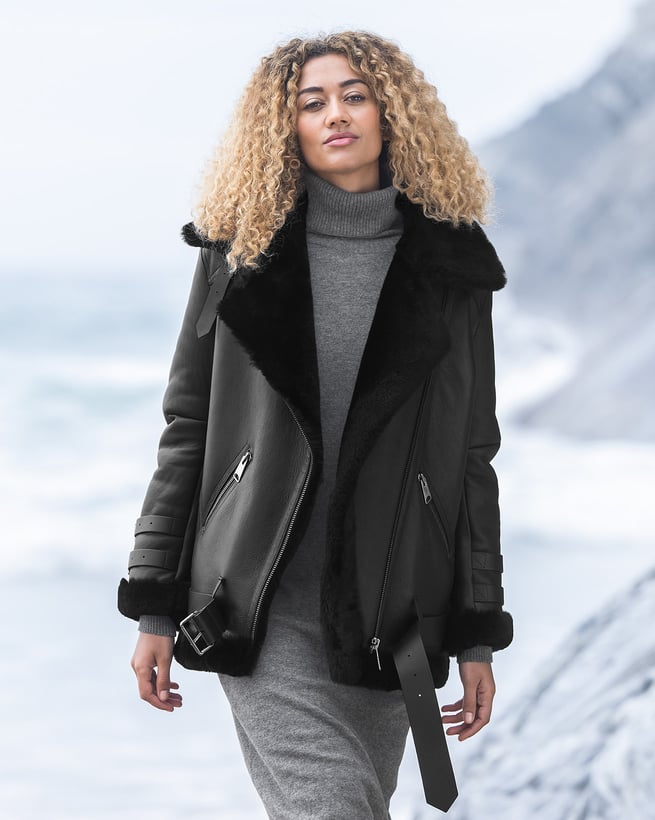 Sheepskin leather coat on sale womens