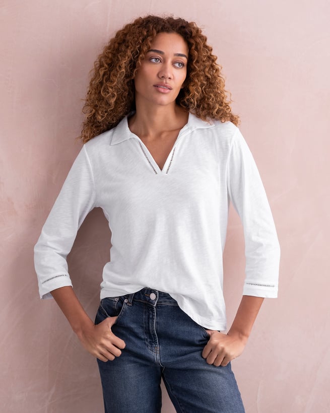 Organic Cotton Embroidered Notch Neck Jersey Top