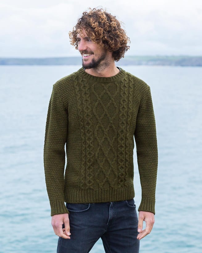 Men's Cable Knit Crew Neck Aran Wool Sweater [Free Express Shipping]