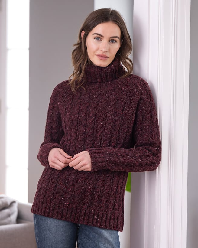 Cuddle Up Close Burgundy Cable Knit Turtleneck Sweater Dress