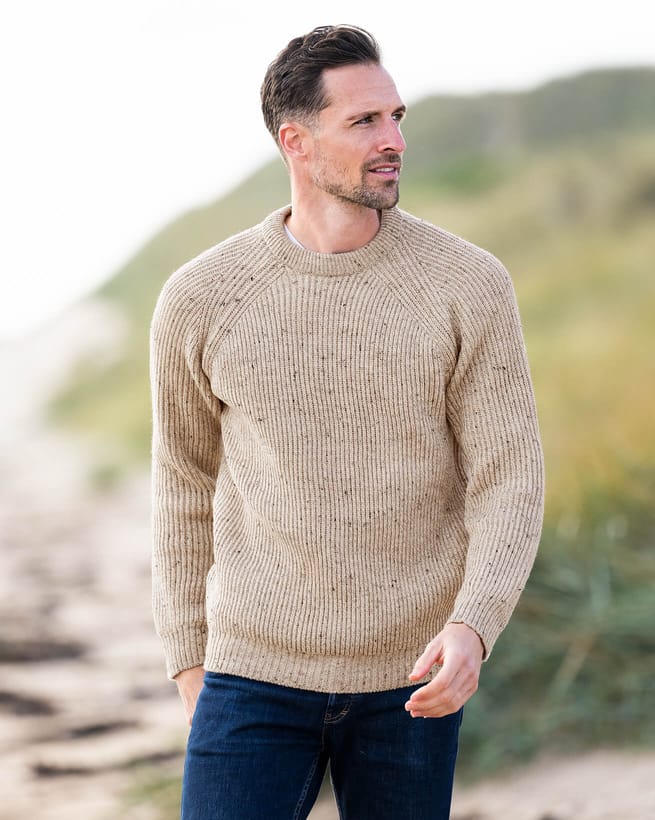 Celtic & Co. Men's Ribbed Fishermans Sweater - Oatmeal Fleck - Large